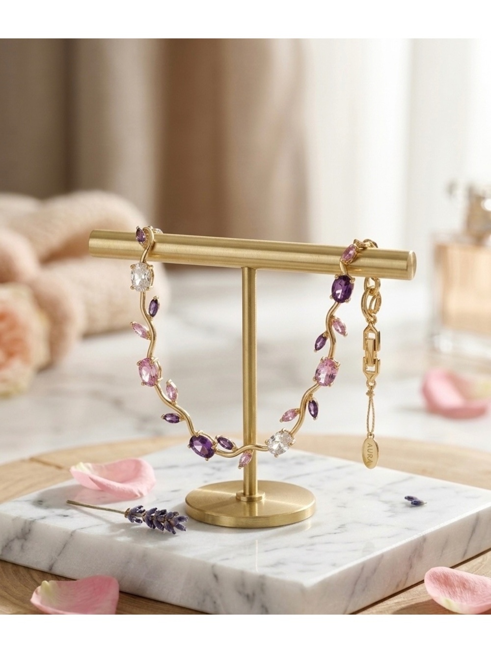 18KGP Botanical Bracelet with Pink, Purple, and Clear Gemstones